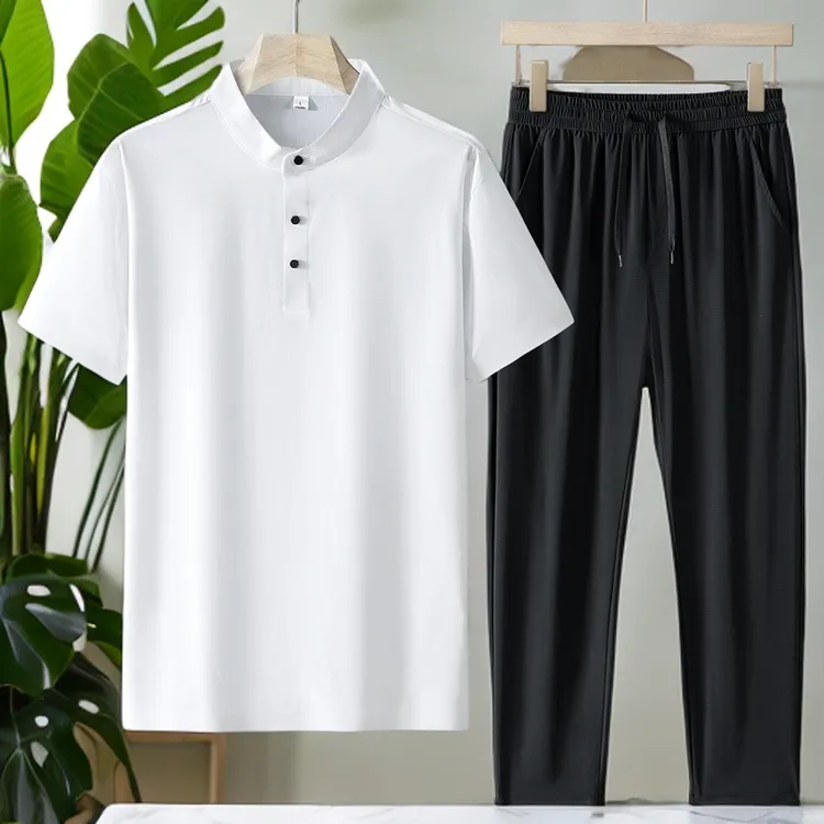 新款夏季男T恤父亲节套装POLO衫冰丝立领中老年套装中年男士