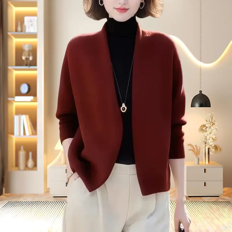 秋冬女装洋气时髦气质毛针织衫百搭红色开衫宽松显瘦修身圆领上衣