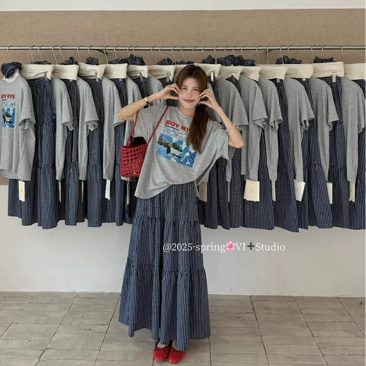 2025夏季新款宽松百搭短袖格子半身裙女短袖+裙子+头绳三件套女