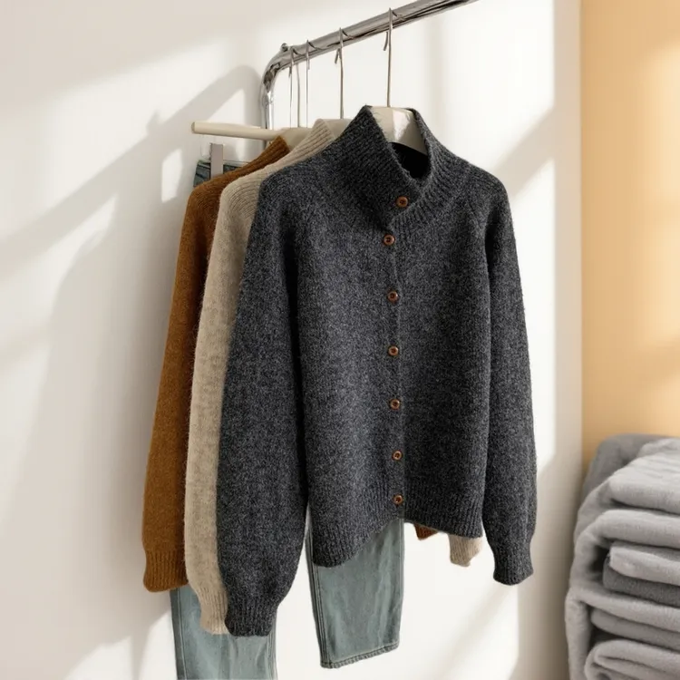 大码胖MM高领灰色针织开衫女秋季新款韩系宽松显瘦遮肚子毛衣外套