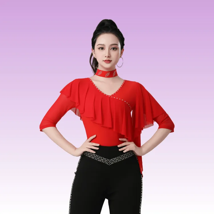 连裆镶钻广场舞上衣红色跳舞衣吉特巴服装女交谊舞演出服三步踩夏