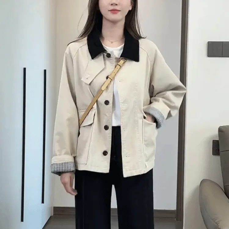 长袖短款女短外套格纹女夹克ins显瘦翻领宽松小个子时尚休闲百搭