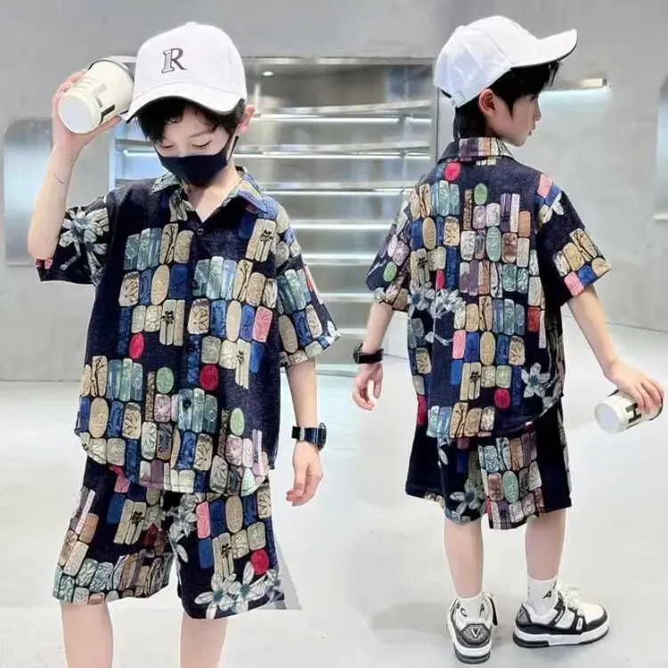 沙滩度假风~夏季中大童国潮风花衬衫时尚休闲百搭港风套装00264