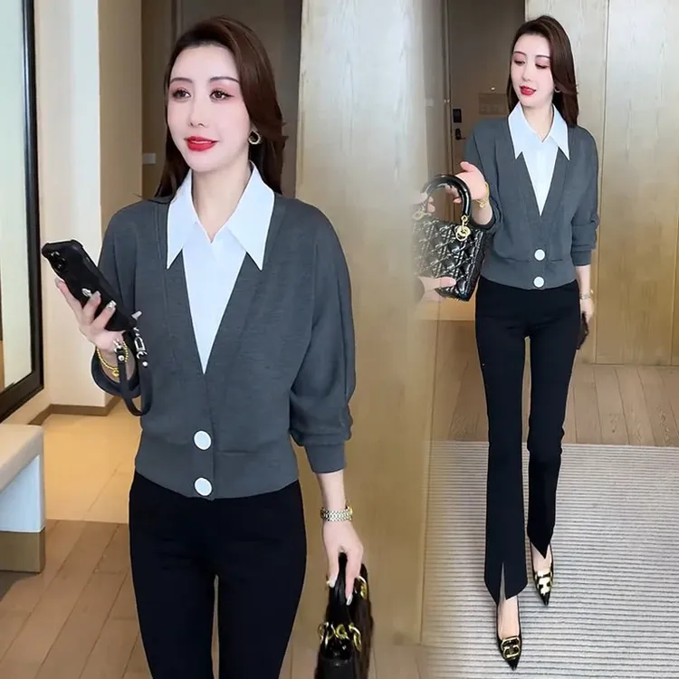 时尚假两件衬衫女2025春秋新款洋气百搭减龄显瘦上衣