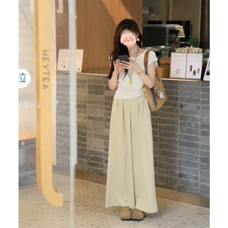 套装女2025新款夏季时尚短袖T恤上衣高腰显瘦阔腿裤两件套女