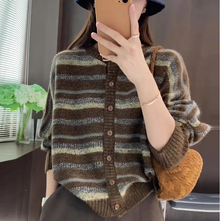 G812#大码复古法式条纹毛衣开衫女秋冬软糯慵懒设计感针织衫外套