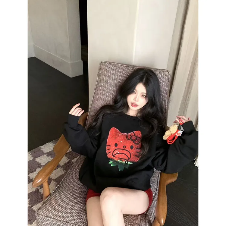 慵懒宽松设计感kt印花套头卫衣女松弛感显瘦上衣 60829