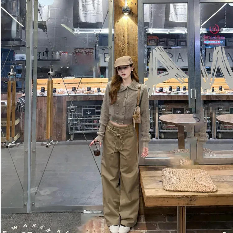 2025早秋新款时尚套装气质显瘦洋气翻领针织毛衣温柔甜美宽松长裤