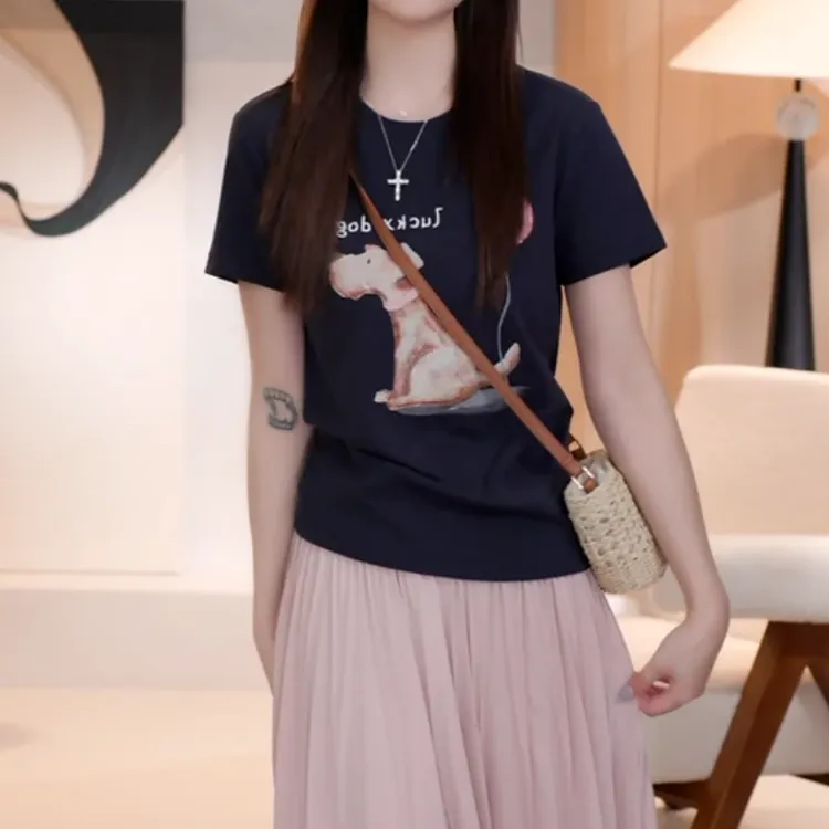 小狗气球印花字母短袖T恤2025夏季新款时尚宽松减龄百搭上衣女