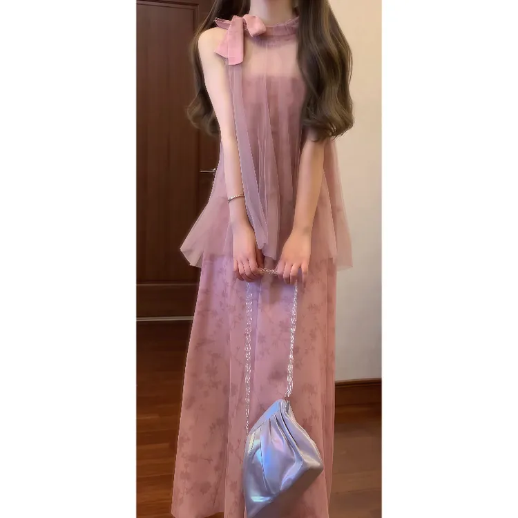 法式温柔风甜美公主裙设计感网纱拼接提花假两件连衣裙仙女裙9228
