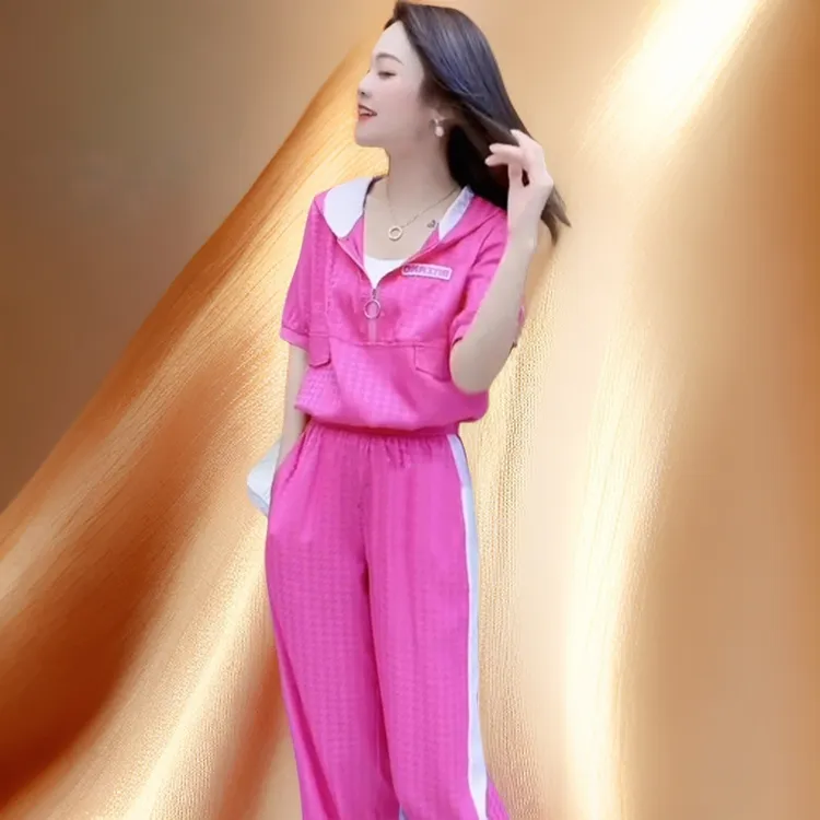 欧货轻奢真丝缎面套装女士夏季新款时尚连帽短袖上衣阔腿裤两件套