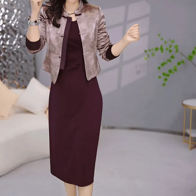 A621【外套+连衣裙】2025早秋新款时尚复古洋气高贵连衣裙两件套