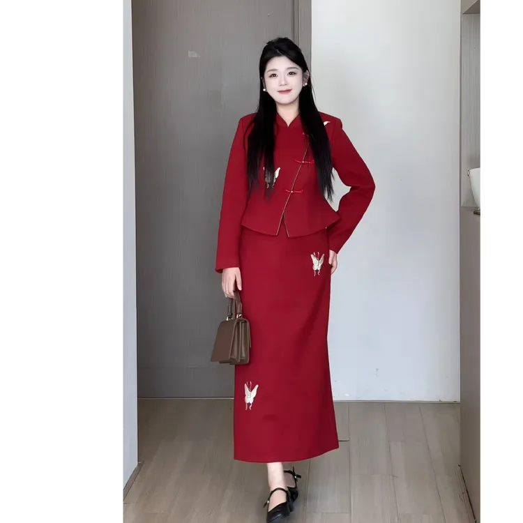 Y【金缕蝶】秋大码女装新中式国风刺绣上衣+半身裙两件套DM33470