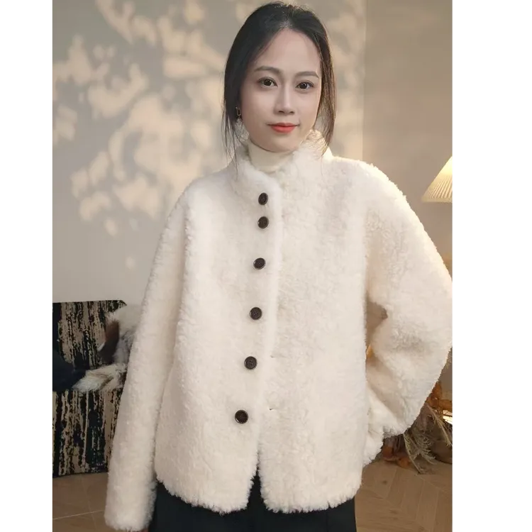 人造皮草 女白色长袖时尚秋季厚款毛绒直下摆冬季短外套立领