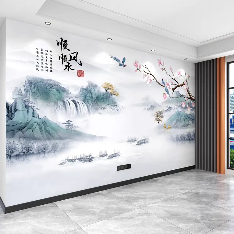 定制客厅新中式水墨山水18D电视背景墙壁画墙布壁纸顺风顺水壁布