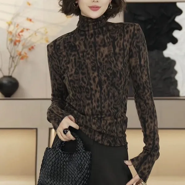 秋冬豹纹高领长袖上衣女高级感御姐风时尚气质修身显瘦内搭打底衫