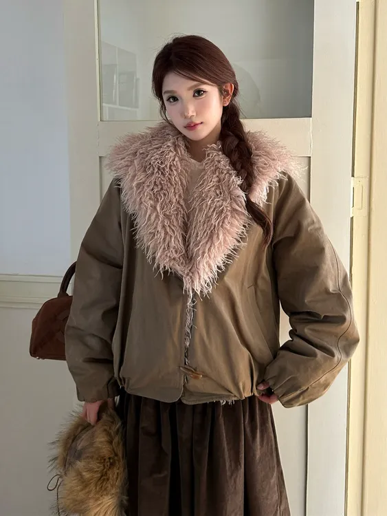 MOONSEE秋冬毛毛大翻领花苞棉服短款外套女长袖宽松保暖夹棉上衣