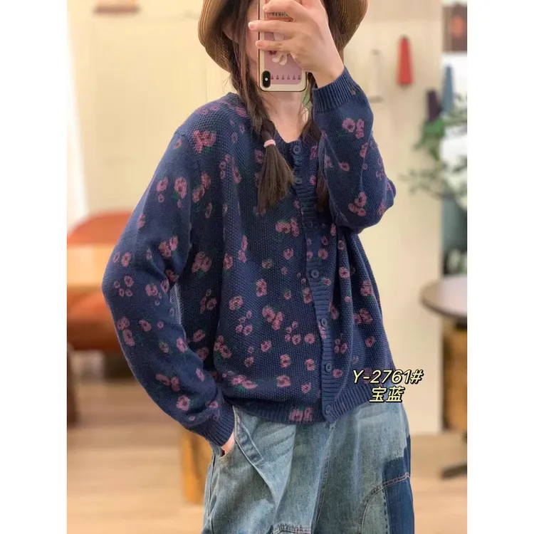 爆版喷绘立体小花圆领单排扣针织衫外套慵懒风外搭棉线开衫不起球