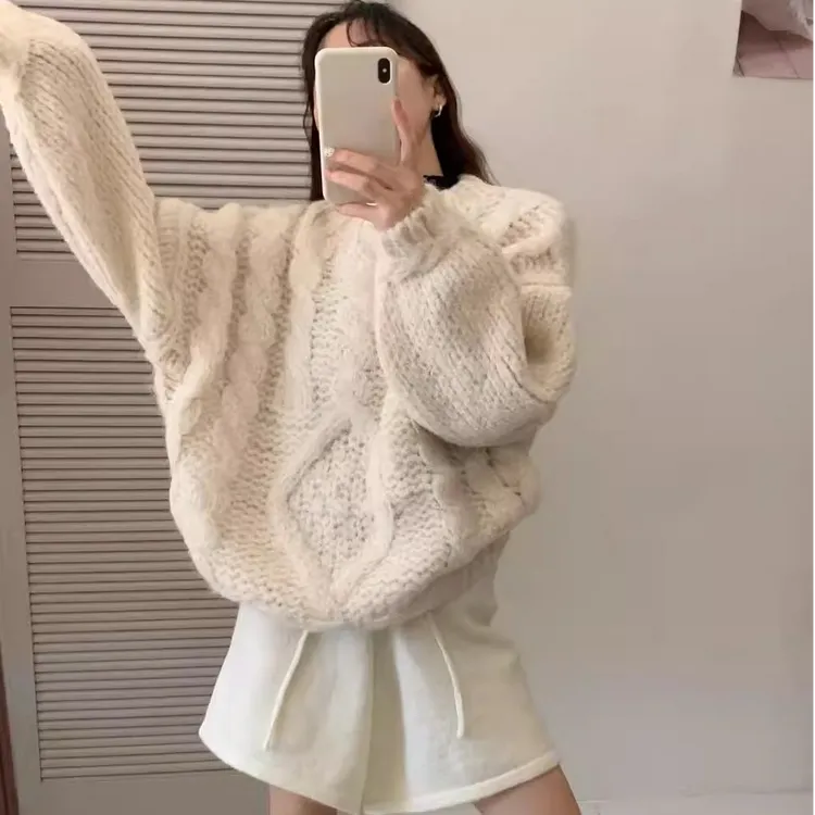 高端货~大粗棒针重工麻花慵懒套头保暖毛衣女冬季新款加厚上衣