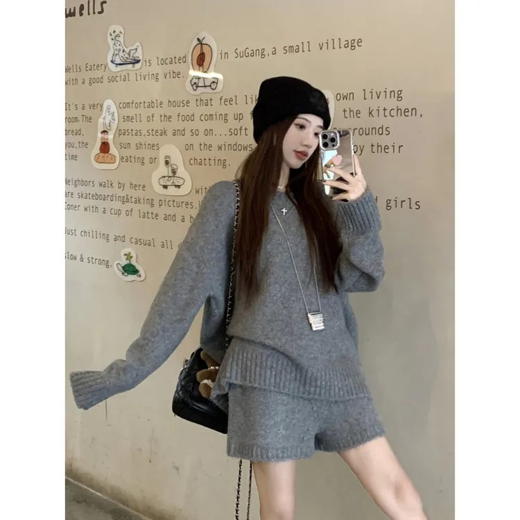 春季新款慵懒风简约时尚宽松长袖针织毛衣高腰显瘦百搭短裤两件套