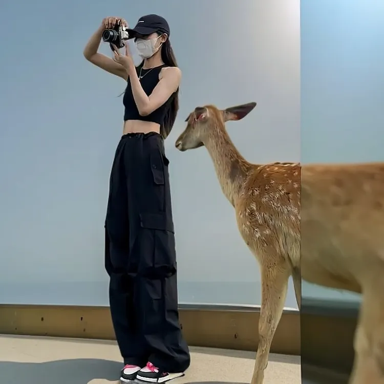美式登山工装裤女夏季薄款高腰宽松小个子休闲阔腿户外速干运动裤