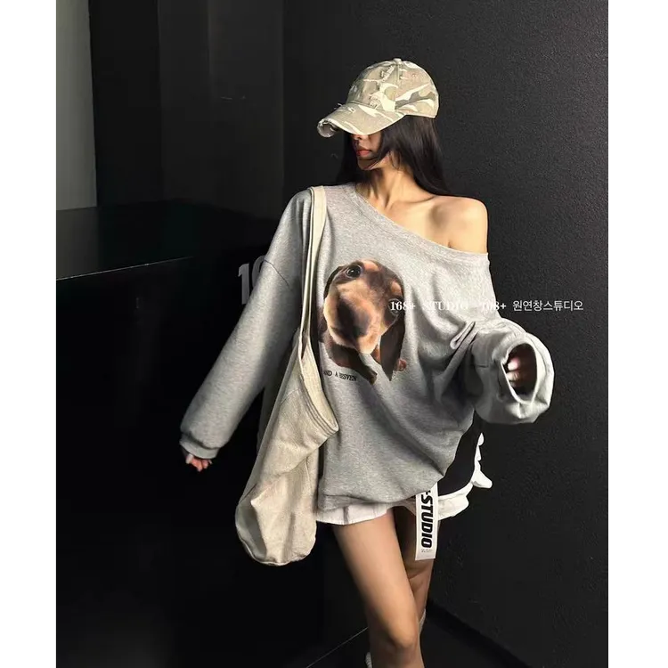 YWBY早秋季新款爆款美式狗狗印花长袖卫衣女宽松百搭高级感女装 