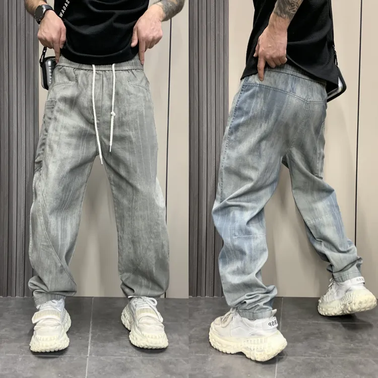 2025春秋百搭个性设计感直筒裤男士新品美式宽松哈伦青年牛仔裤子