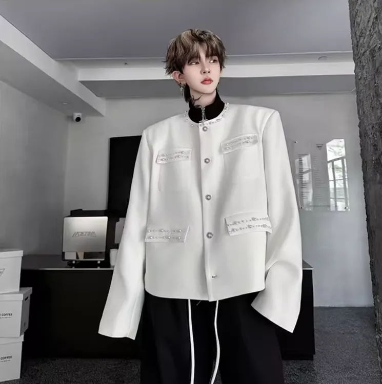 秋季韩国高级感小香风垫肩西服男小众珍珠钉珠装饰设计感气质外套