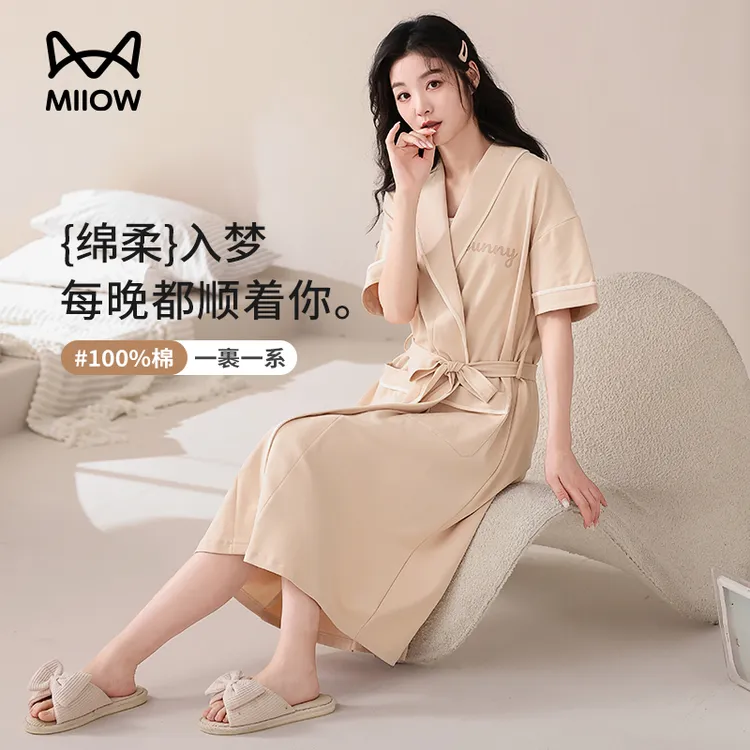 MiiOW/猫人浴袍女夏季可穿式家用纯棉100%全棉睡袍吸水速干长款