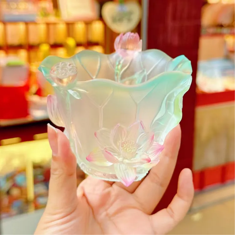 【荷气生才杯】琉小璃蓝色渐变莲花杯 桌面摆件 7222