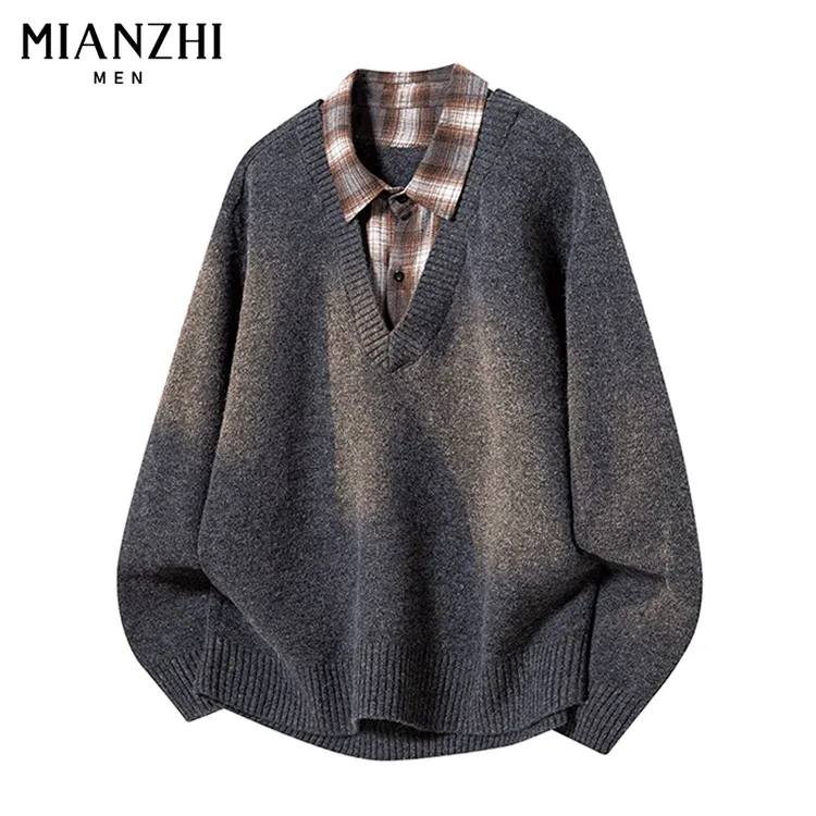 棉致潮牌秋冬假两件衬衫领针织毛衣男士简约休闲百搭保暖内搭上衣