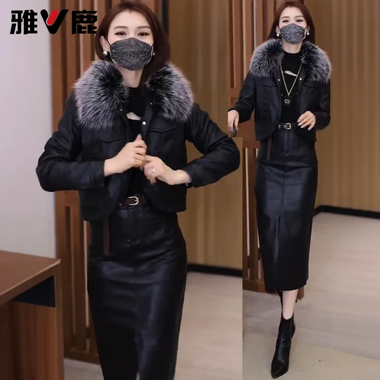 雅鹿加绒加厚套装女2025秋冬季新款短款外套半身裙两件套