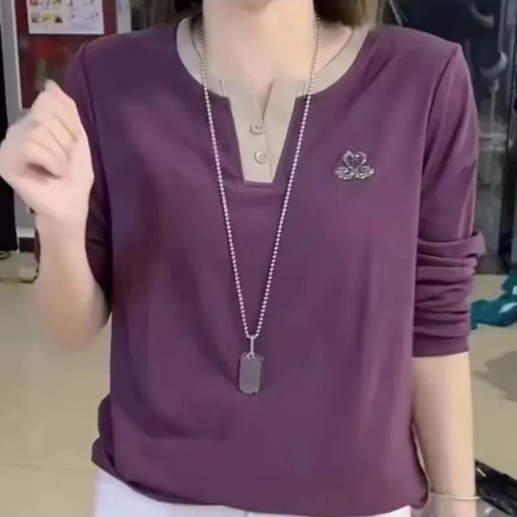 2025年春秋新款V领撞色小天鹅长袖打底衫时尚洋气上衣女士T恤