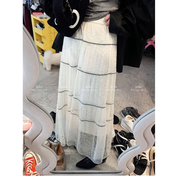 晶咕【千层慕斯】法式撞色边蕾丝高腰A字蛋糕半身裙