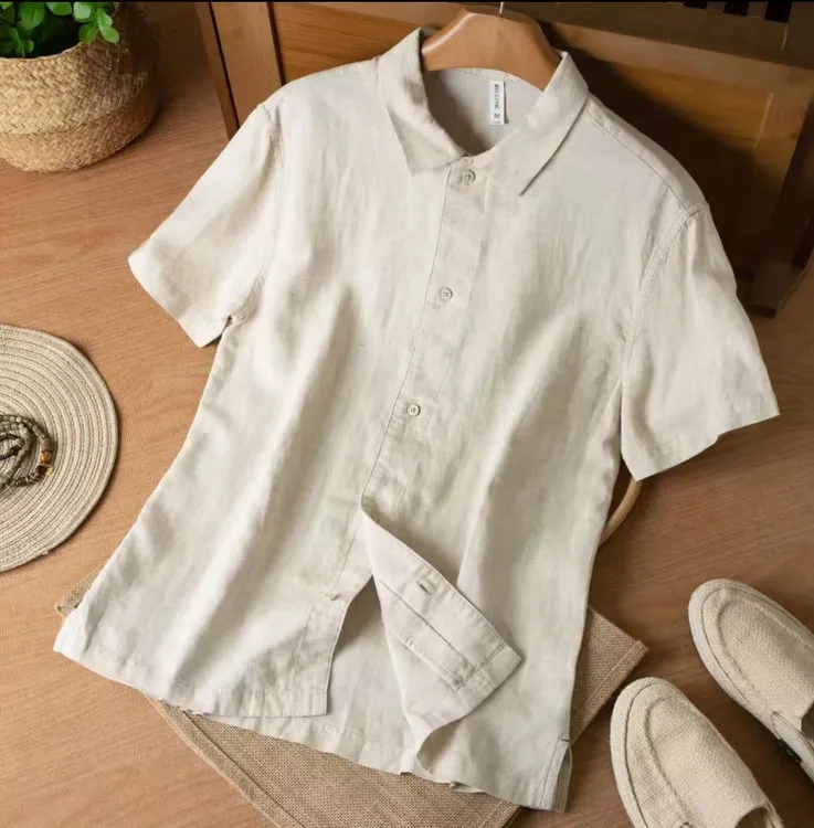 莱赛尔纯色天丝亚麻衬衫男士短袖夏季透气薄款衣服复古休闲上衣