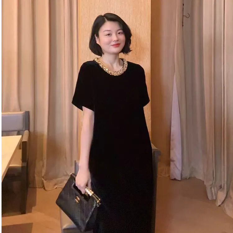 TANTAN  真丝丝绒 气质领口金边定珠连衣裙2064