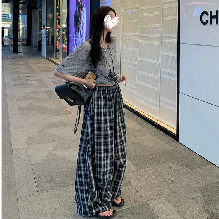 格子休闲裤女2025夏新宽松阔腿裤高腰直筒长裤垂感拖地裤子B8803