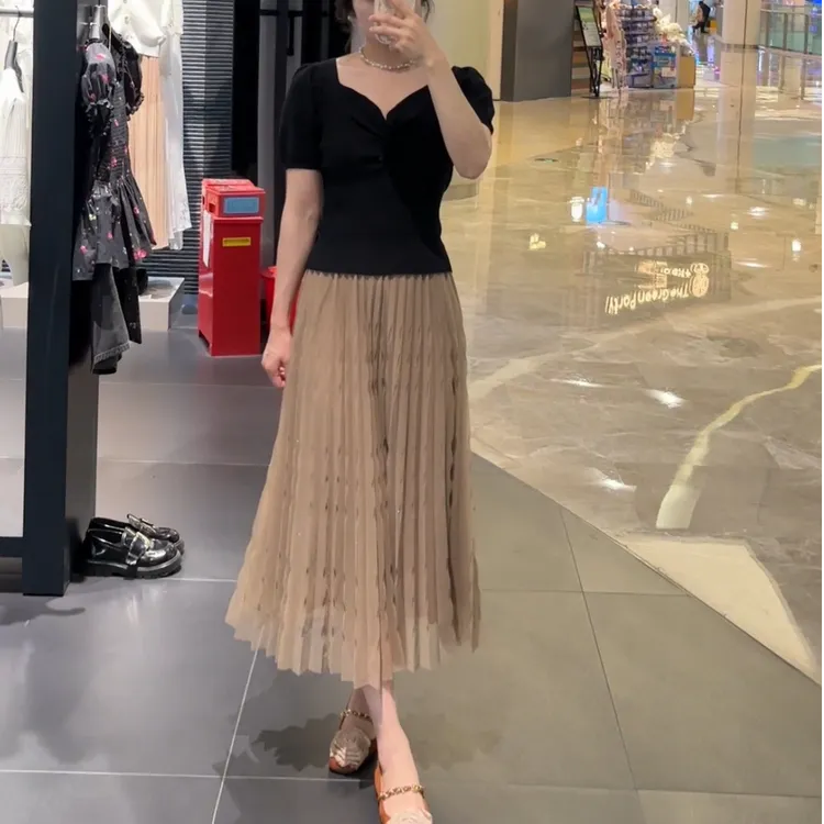 sdeer圣迪奥女装优雅松紧碎褶纯色网纱A字伞裙半身裙S23261107