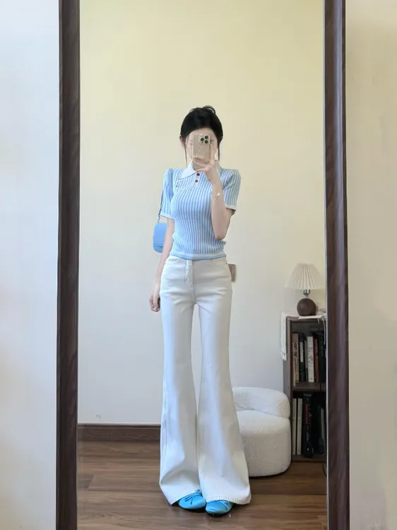 2025夏季新款POLO领竖条纹套头短袖针织上衣女微喇白色裤子两件套