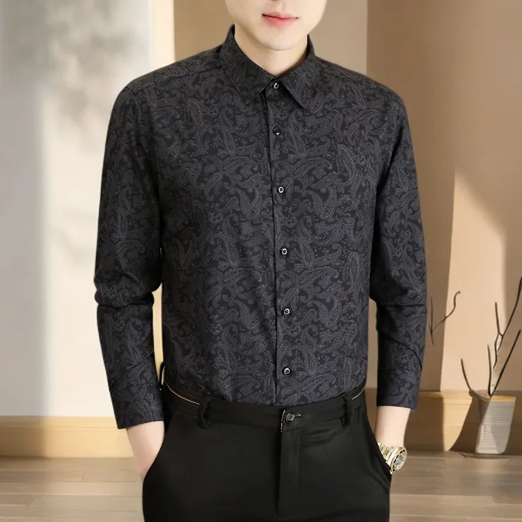 男士衬衫春秋季新款高端商务休闲上衣潮流印花腰果长袖衬衣打底衫