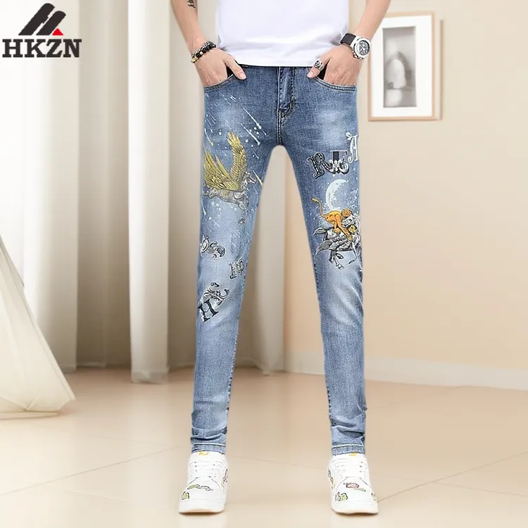 HKZN时尚高端印花牛仔裤男修身小脚弹力2025夏季新款蓝色长裤子
