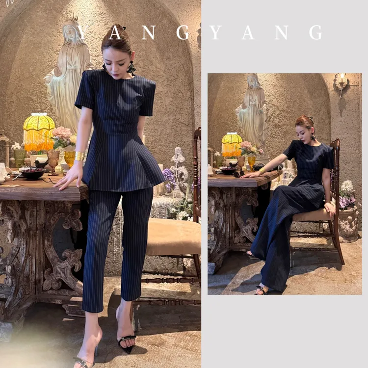 YANGYANG 夏季新款短袖洋气衣服新款时尚修身竖条纹女装套装