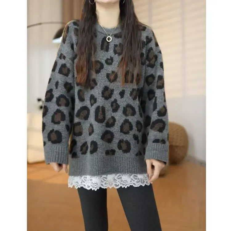 欧货复古豹纹蕾丝拼接假两件毛衣女秋冬新款宽松显瘦针织衫上衣