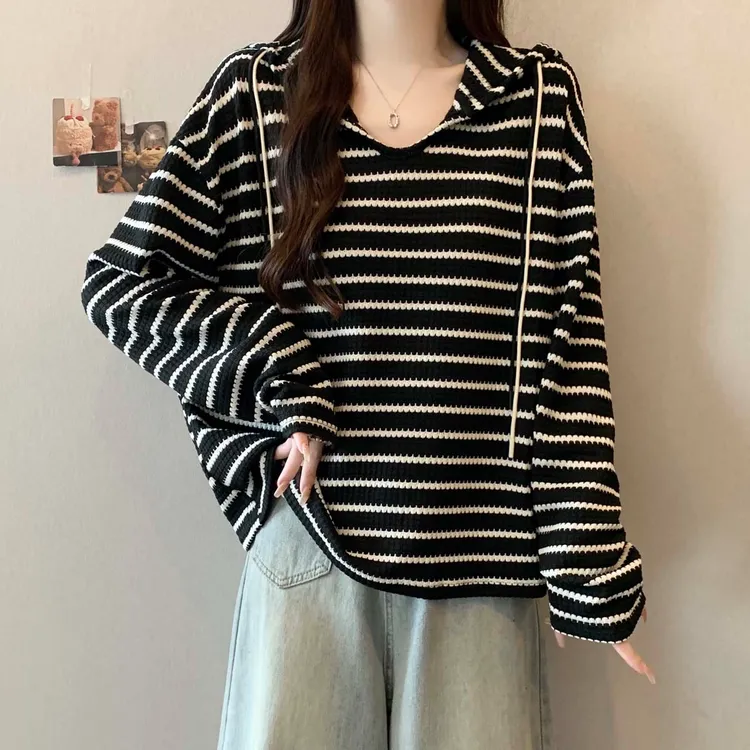 大码遮肚子连帽条纹卫衣女春秋新款胖MM宽松显瘦百搭洋气长袖上衣