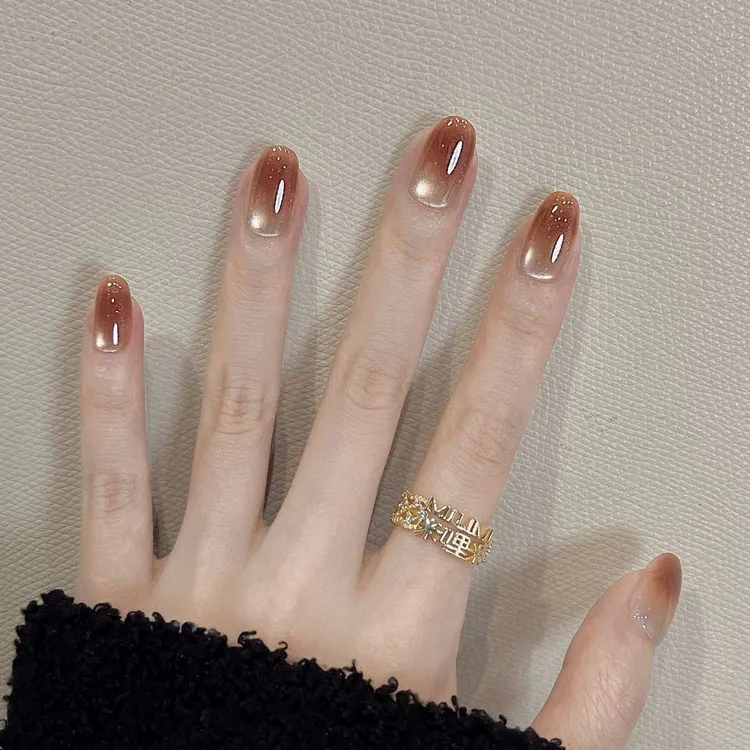 【蜜糖流光】秋冬焦糖渐变猫眼纯手工穿戴甲高级感轻奢显白光疗美甲