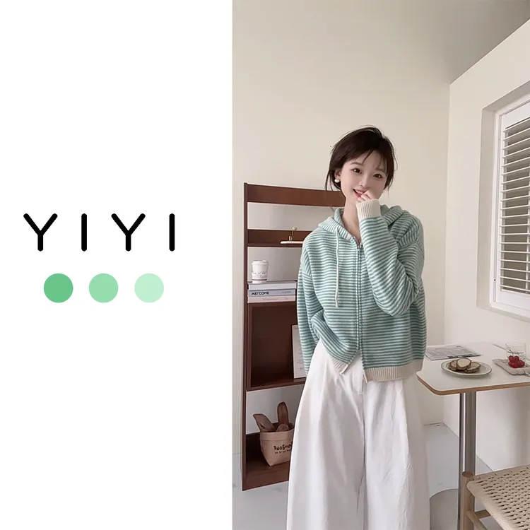【YiYi】条纹连帽~秋冬厚款全羊毛显瘦条纹双拉链长袖开衫针织帽衫