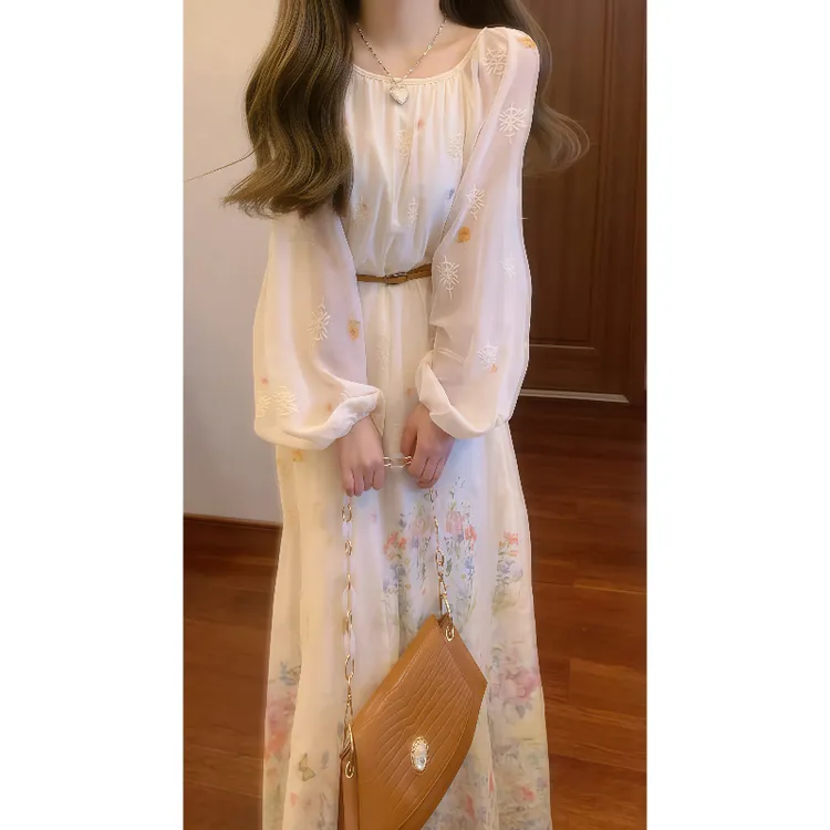 2025秋季法式温柔风碎花刺绣连衣裙收腰气质仙女长裙9790
