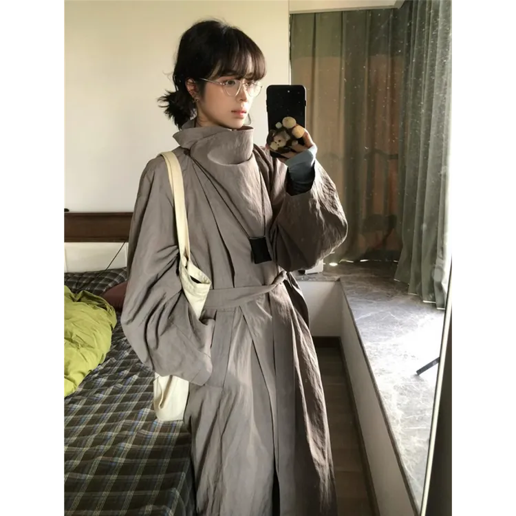 肌理褶皱立领风衣外套女秋季高智感ROW风宽松廓形长款大衣