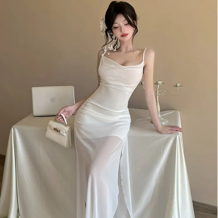 名媛气质法式时尚性感网纱开叉V领长裙风情万种白色吊带连衣裙夏