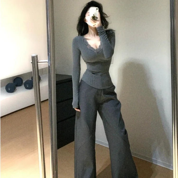 秋冬时尚新款辣妹纯欲风时尚拼接蕾丝气质修身洋气上衣百搭裤子女